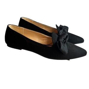 London Rebel Black Bow Pointed-Toe Faux Suede Flats | Size 6